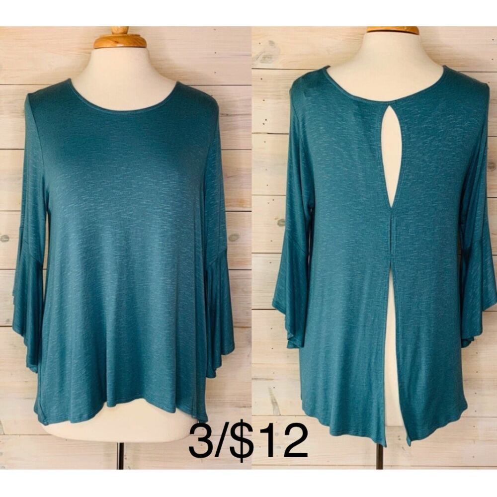 Teal Blue Blouse with Open Back & Bell Sleeves